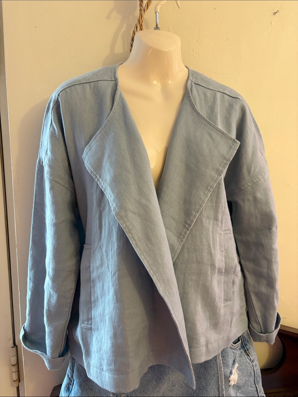 Eileen Fisher Light Blue Open-Front Draped Blazer. Linen. Organic